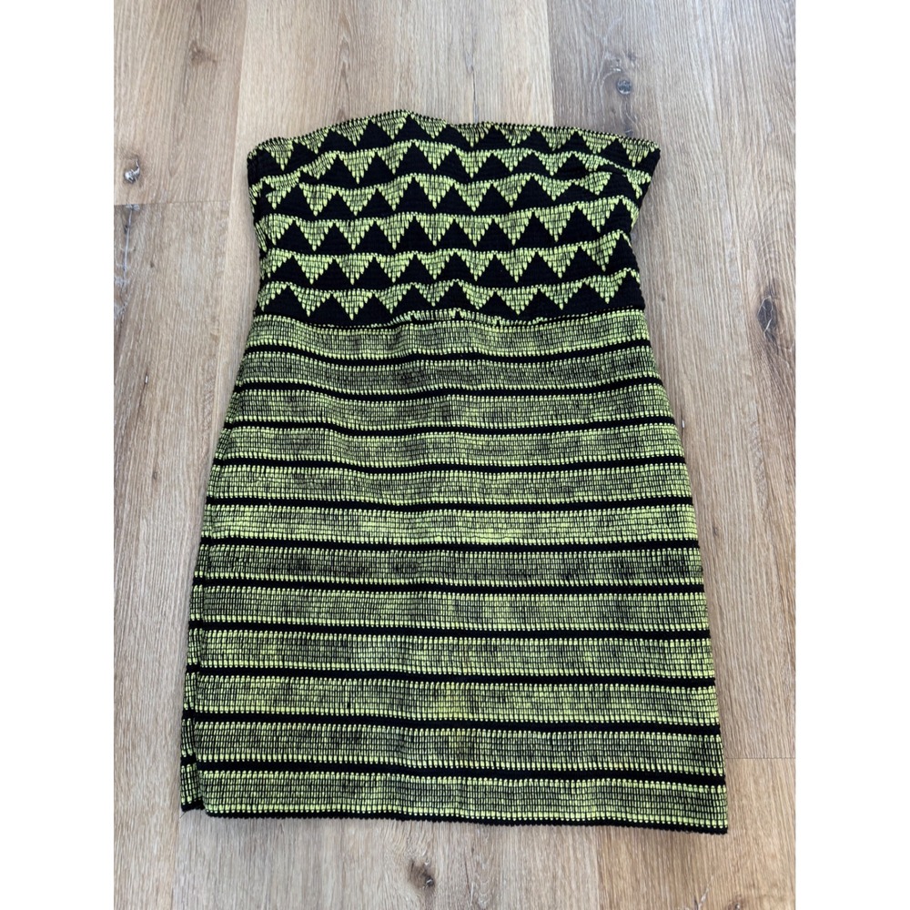 2b bebe Y2K Bodycon Dress Womens XL Black Neon Green Striped Geometric Strapless